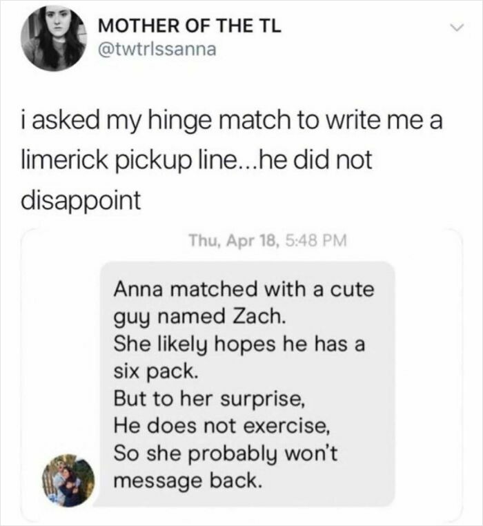 Screenshot of a humorous dating app conversation showing a limerick pickup line from a match named Zach.