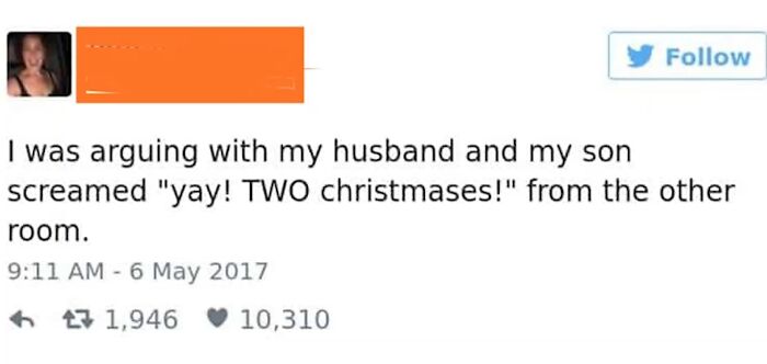 Tweet showing a kid outsmarting grown-ups by cheering about having two Christmases during a parents' argument.