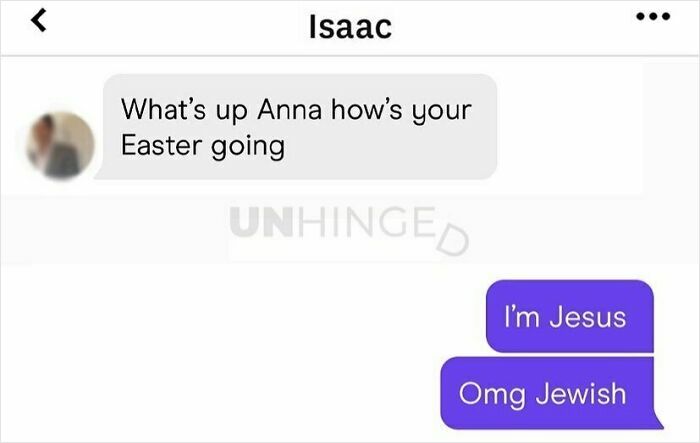 Text message conversation on a dating app showing a humorous and unhinged exchange about Easter and religious identity.