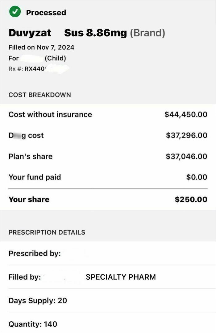 Prescription cost breakdown showing high d**g price and insurance details, highlighting harsh realities of American healthcare expenses.