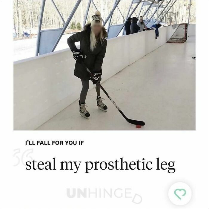 Person playing hockey on ice rink with a hockey stick and prosthetic leg, from hilarious dating app profiles.