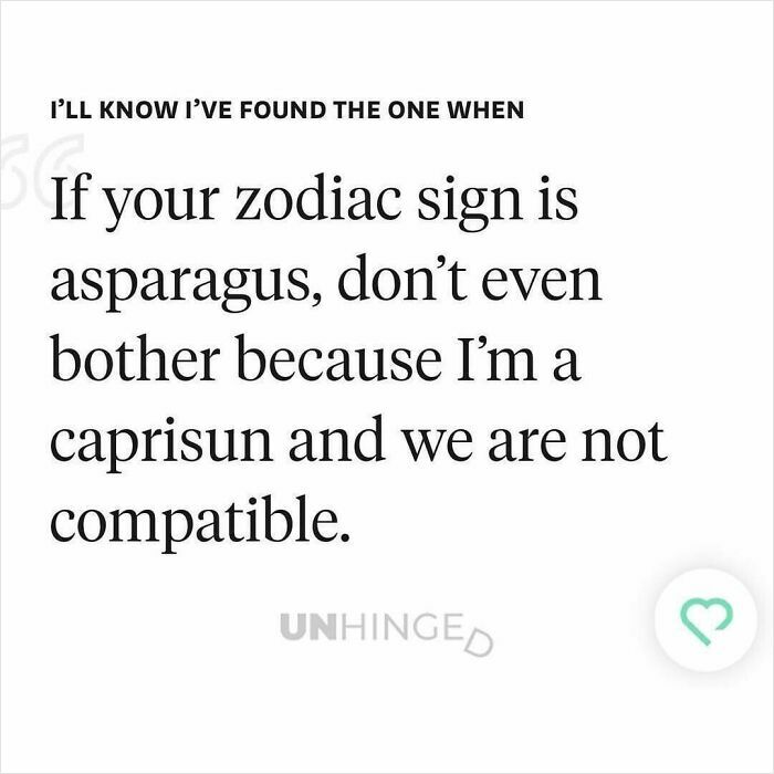 Text post about dating apps humor, mentioning fictional zodiac signs asparagus and caprisun, with unhinged tone.