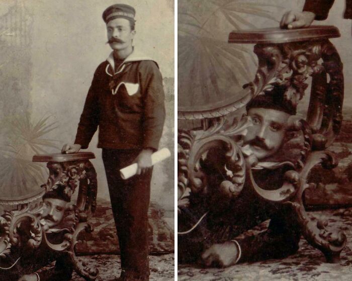 Vintage photobomb where a man’s face appears through ornate furniture, capturing a perfect unexpected moment.