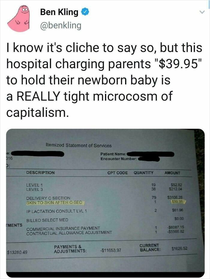 Tweet about hospital charging parents 39.95 to hold newborn baby, highlighting harsh realities of American healthcare costs.