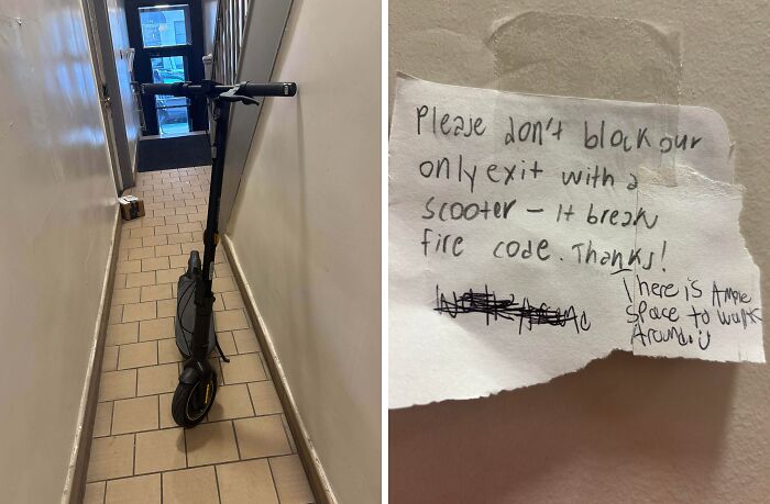 Electric scooter blocking narrow hallway exit with handwritten note about fire code violation testing patience