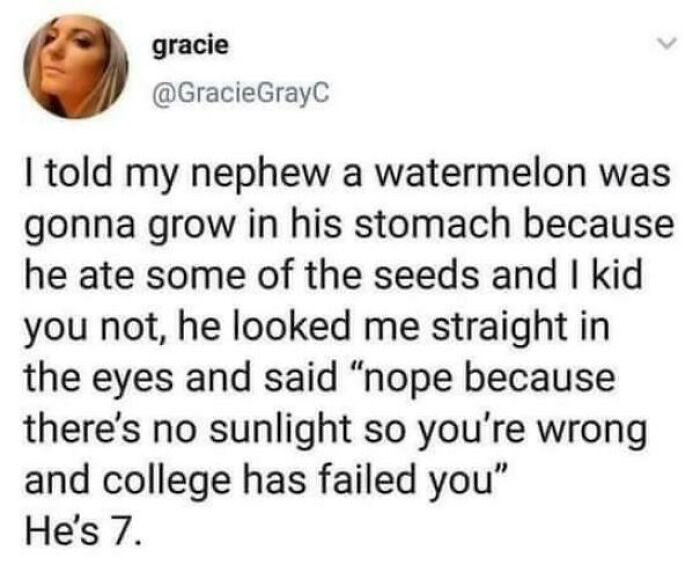 A humorous text message showing a kid outsmarting a grown-up with a clever response about watermelon seeds.