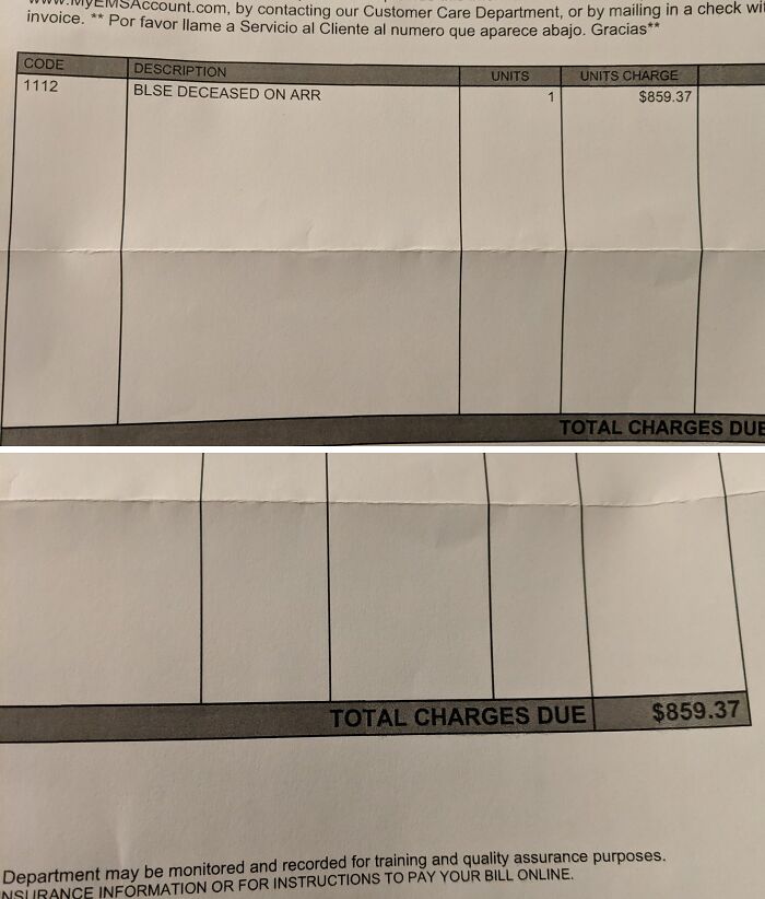 Medical bill showing a charge of $859.37, highlighting harsh realities of American healthcare costs.