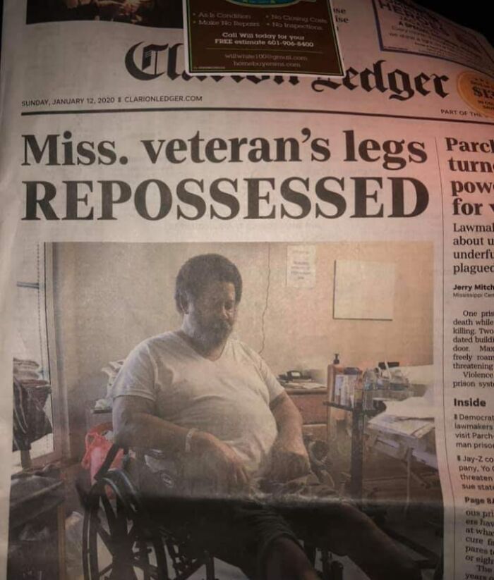 Newspaper headline about a veteran’s legs repossessed, highlighting harsh realities of American healthcare for disabled patients.
