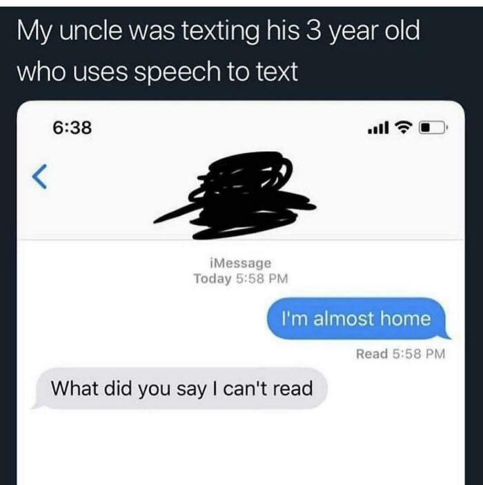 Screenshot of a text conversation showing a kid outsmarting grown-ups using speech to text humor.