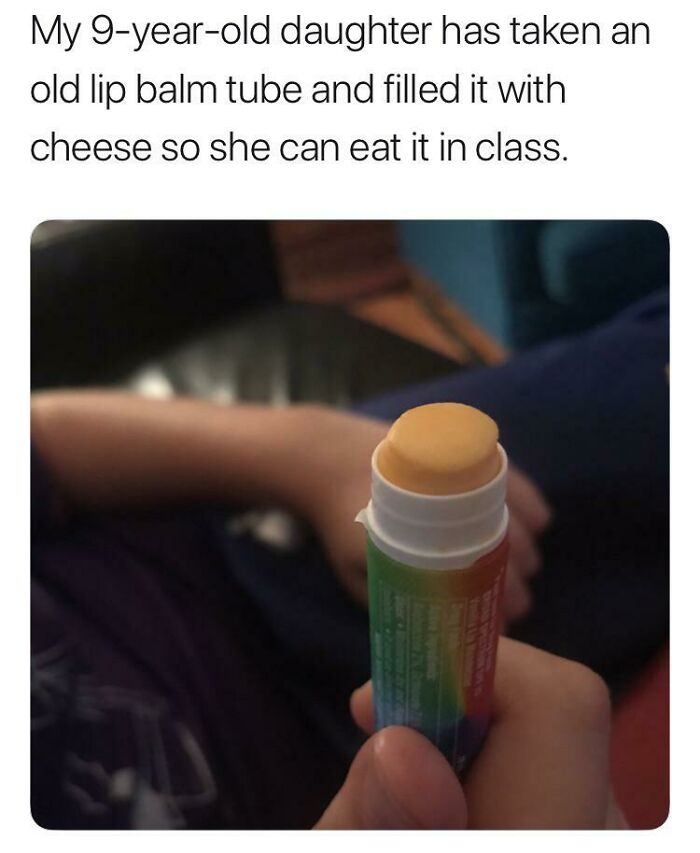 Child outsmarts grown-ups by refilling a lip balm tube with cheese to secretly eat in class.