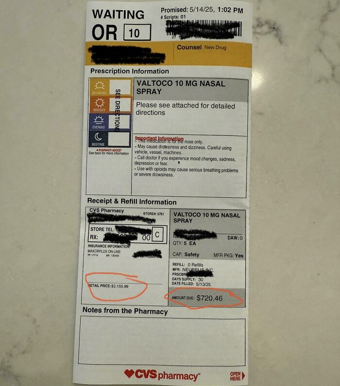 Prescription receipt showing exorbitant cost of nasal spray, highlighting harsh realities of American healthcare pricing.