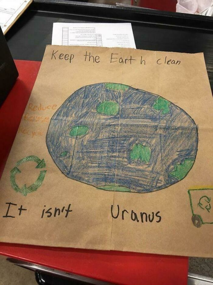 Child's drawing of Earth with a recycling symbol and message about keeping the planet clean, showcasing kids outsmarting grown-ups.