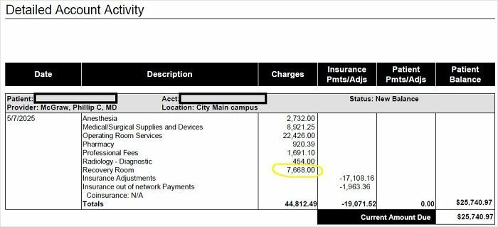 Medical bill showing detailed charges and patient balance, highlighting harsh realities of American healthcare costs.