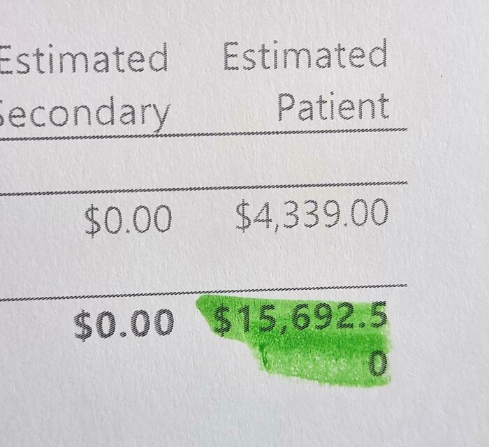 Close-up of a medical bill showing patient charges highlighted in green, illustrating harsh realities of American healthcare costs.