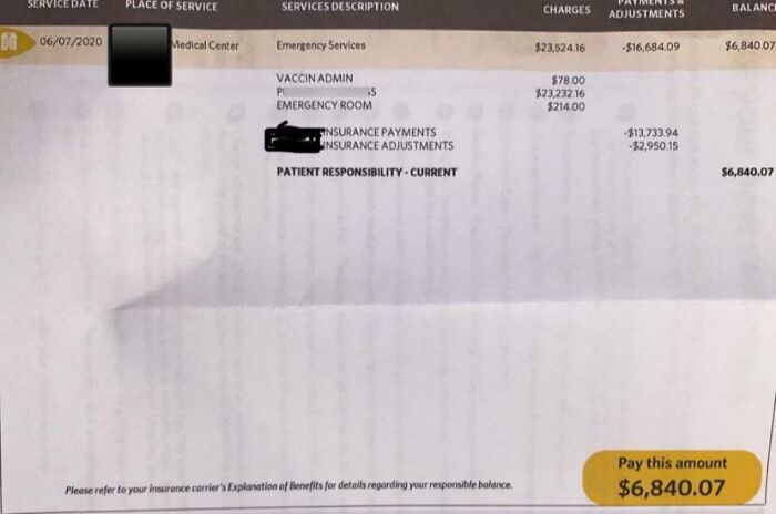 Medical bill from emergency services showing high charges and patient responsibility, highlighting harsh realities of American healthcare costs.