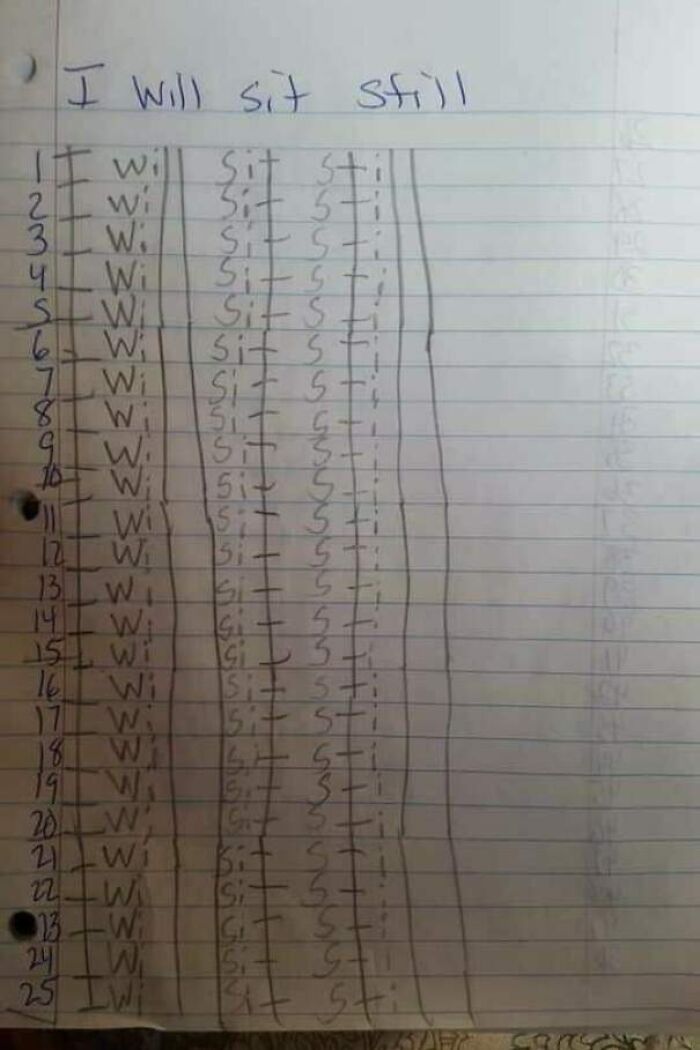 Child’s clever written chart showing how they will "sit still," illustrating kids outsmarting grown-ups in a creative way.