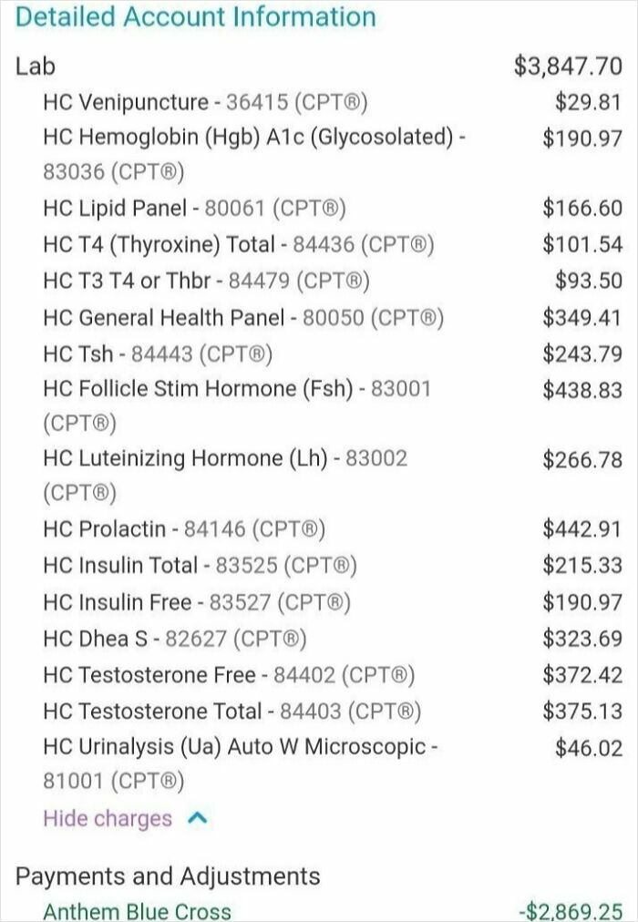 Medical lab bill listing multiple hormone and blood tests with high total cost, highlighting harsh realities of American healthcare expenses.
