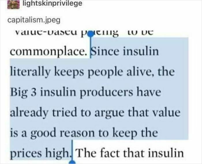 Screenshot of text highlighting high insulin prices from major producers exposing harsh realities of American healthcare.