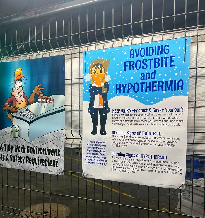 Safety posters about avoiding frostbite and hypothermia in a work environment, highlighting jobs that should pay more.