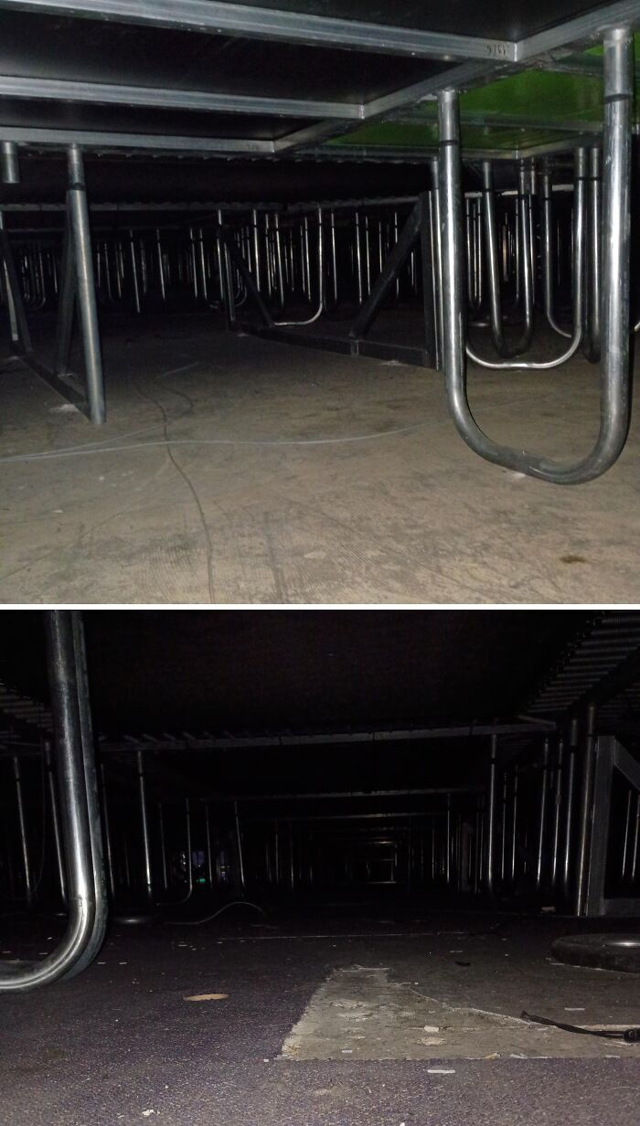 Dark tight crawl spaces beneath metal structures, showing unsettling and creepy work environments for low-paying jobs.
