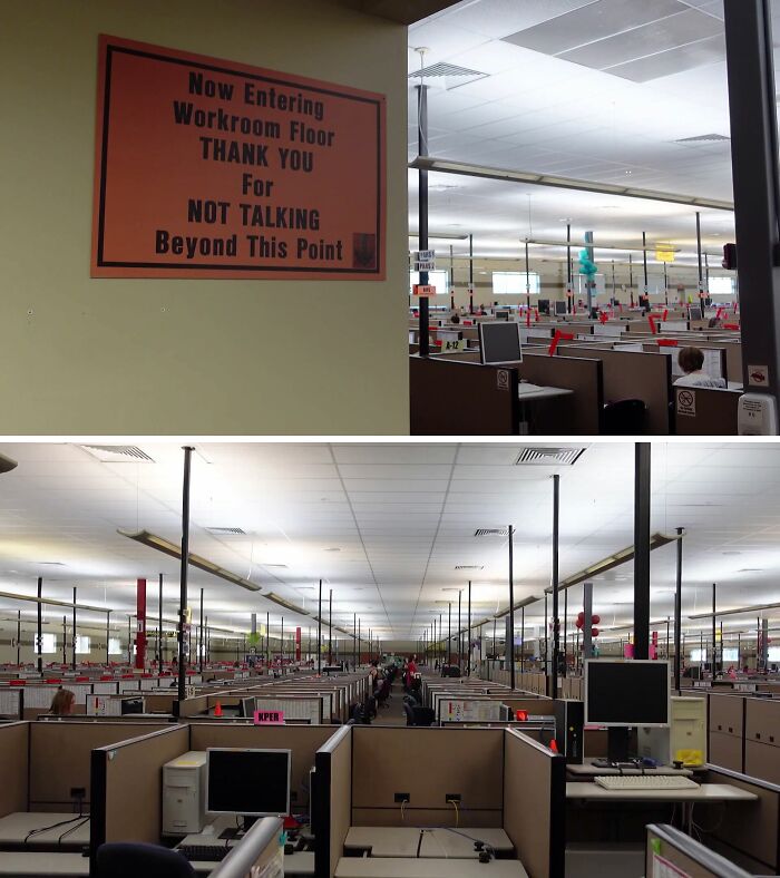 Large call center with numerous cubicles and a no-talking sign highlighting jobs that should pay more.