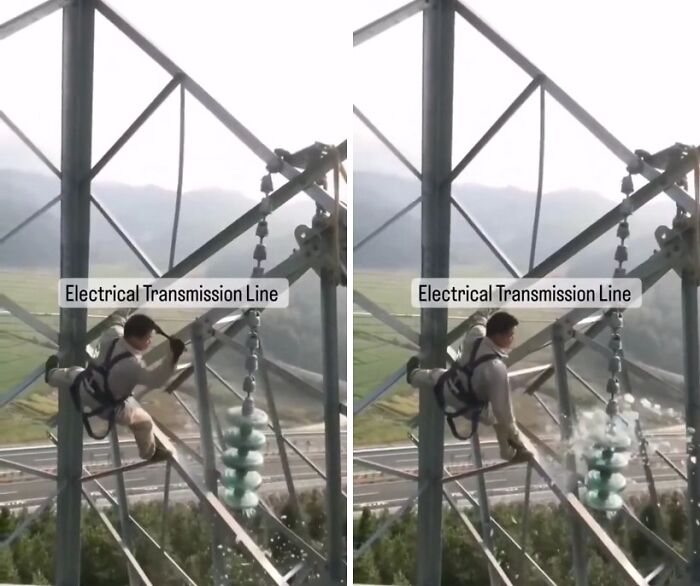 Worker performing maintenance on electrical transmission line, highlighting jobs that should pay more based on creepy photos.