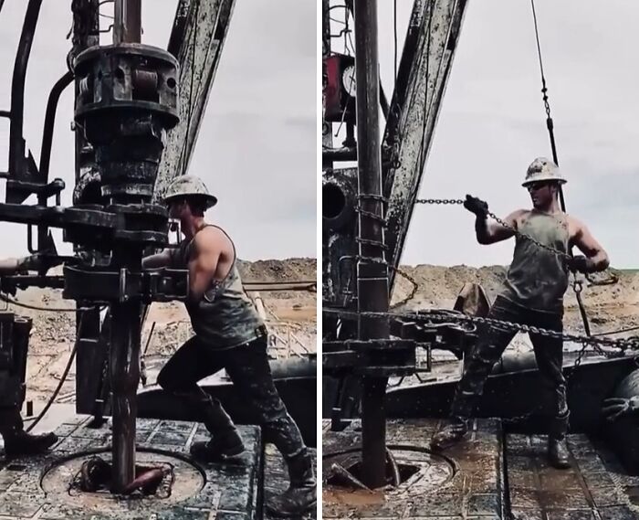 Oil rig worker in a dirty tank top and hard hat operating heavy machinery in a muddy drilling site outdoors