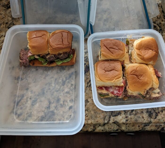 Two plastic containers on a counter, one with one slider sandwich, the other with four, showing mildly infuriating portioning.