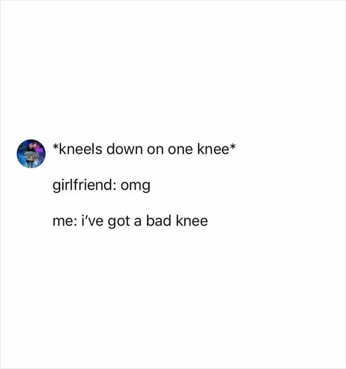 Funny chaotic tweet showing a humorous conversation about kneeling and having a bad knee from chaotic tweets humor.