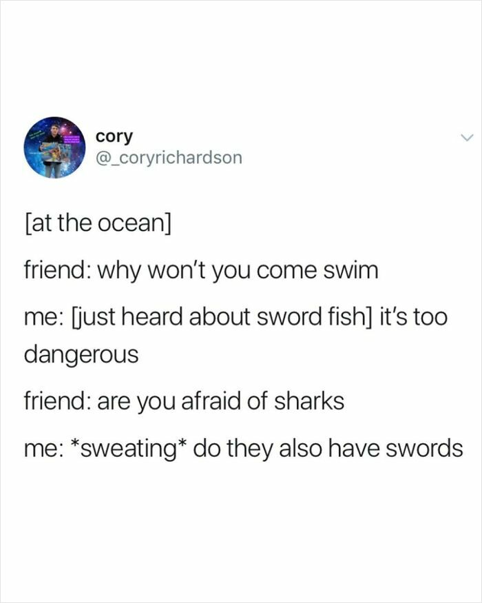 Tweet humor about being afraid to swim due to swordfish and sharks, showcasing chaotic tweet comedy.