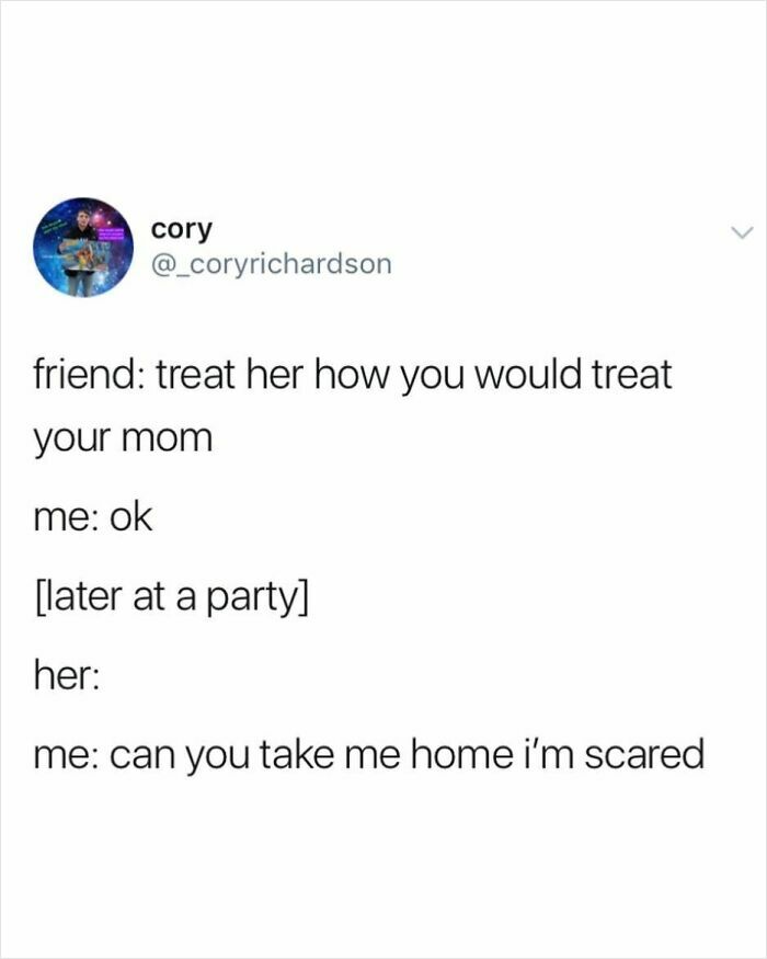 Tweet showing chaotic humor about treating someone like your mom with a joke, illustrating chaotic tweets and humor study.