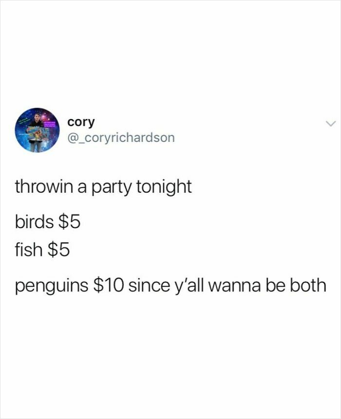 Chaotic tweets with humorous pricing for birds, fish, and penguins in a funny social media post from a Twitter user.