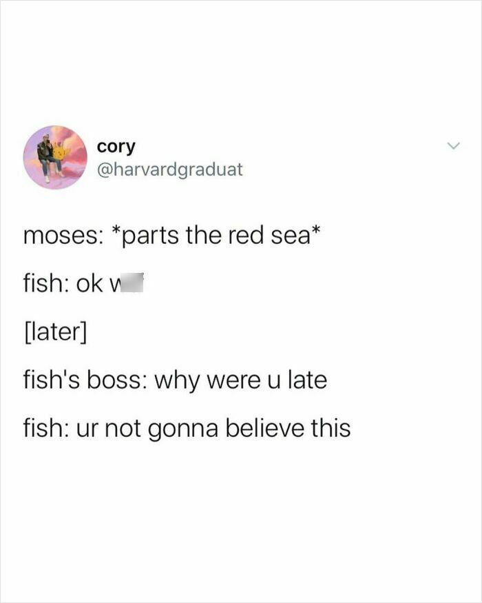 Tweet text showing chaotic humor with a funny conversation about Moses parting the Red Sea from chaotic tweets collection.