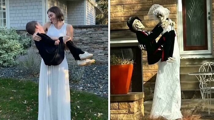 Side-by-side image showing a couple in white outfits outdoors and Halloween decorations with skeletons embracing a bride and groom.