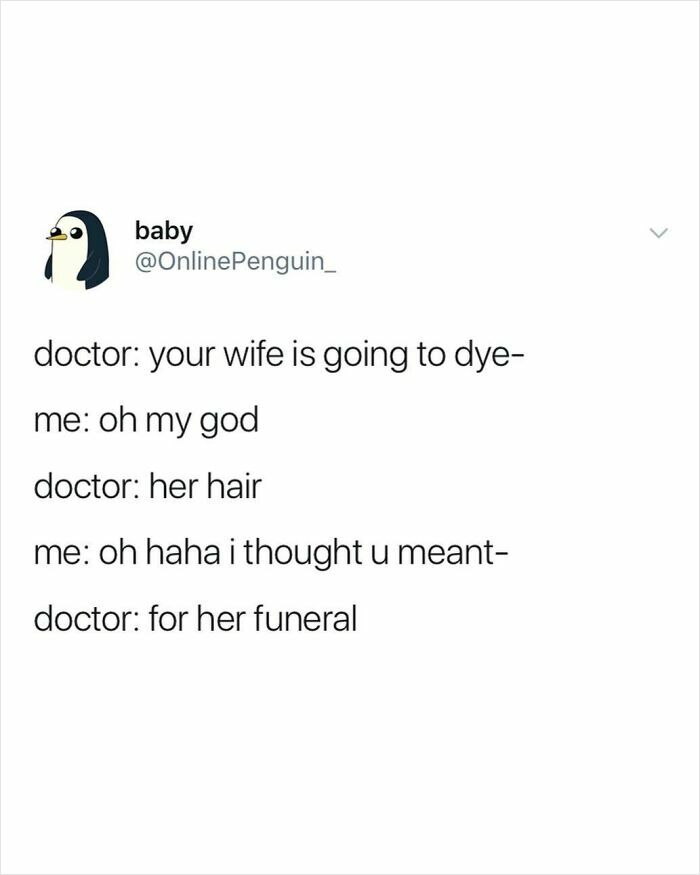Chaotic tweet exchange with dark humor misunderstanding a doctor’s statement about dyeing hair versus a funeral.