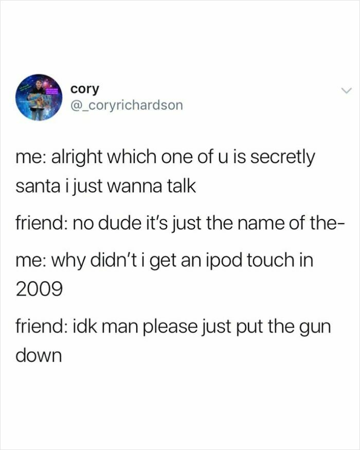 Tweet from user Cory with chaotic humor, part of a collection showcasing funny and chaotic tweets for humor study.