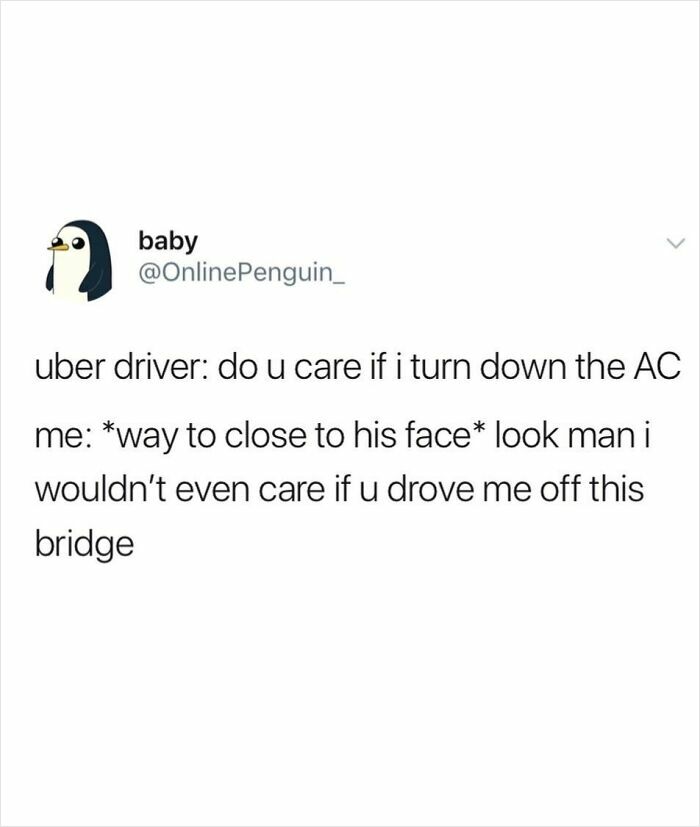 Chaotic tweet humor showing a sarcastic exchange between an Uber driver and passenger about turning down the AC.