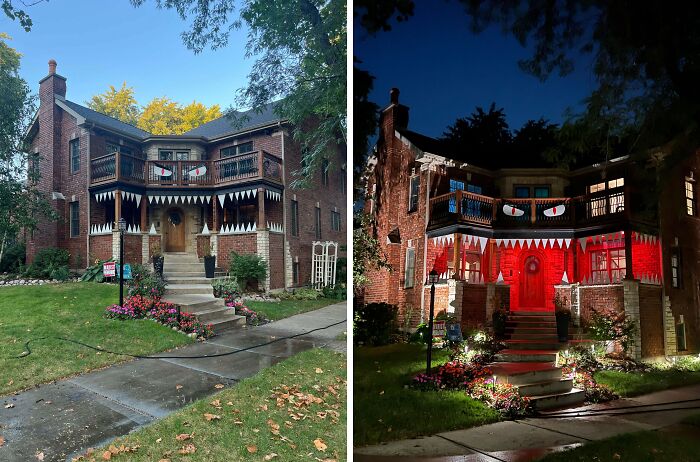 Side-by-side images of a brick house decorated with outdoor Halloween decorations during day and night.
