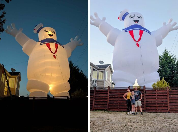 Giant inflatable Stay Puft Marshmallow Man as outdoor Halloween decoration with family posing nearby at dusk and daytime.