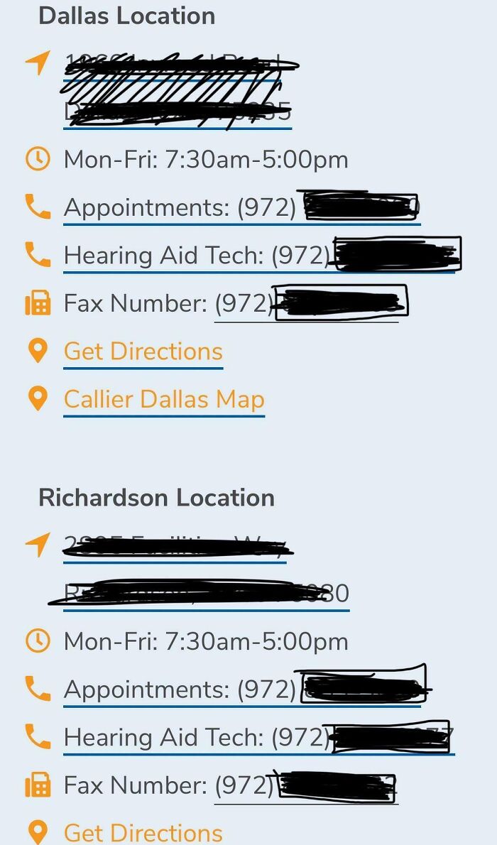 Contact information for Dallas and Richardson locations with appointment and hearing aid tech phone numbers.
