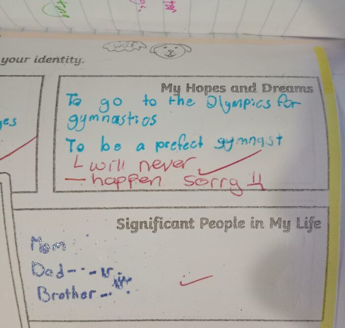 Handwritten hopes and dreams with a red ink note saying will never happen, showing mildly infuriating patience test.