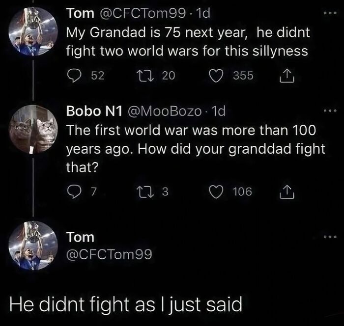 Twitter meme conversation humor about fighting in world wars, shared as part of memes for laughter and daily entertainment.