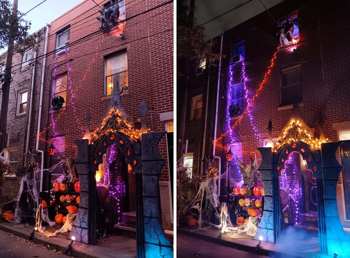 Outdoor Halloween decorations featuring illuminated pumpkins, spooky archway, and cobwebs on a brick house at dusk.