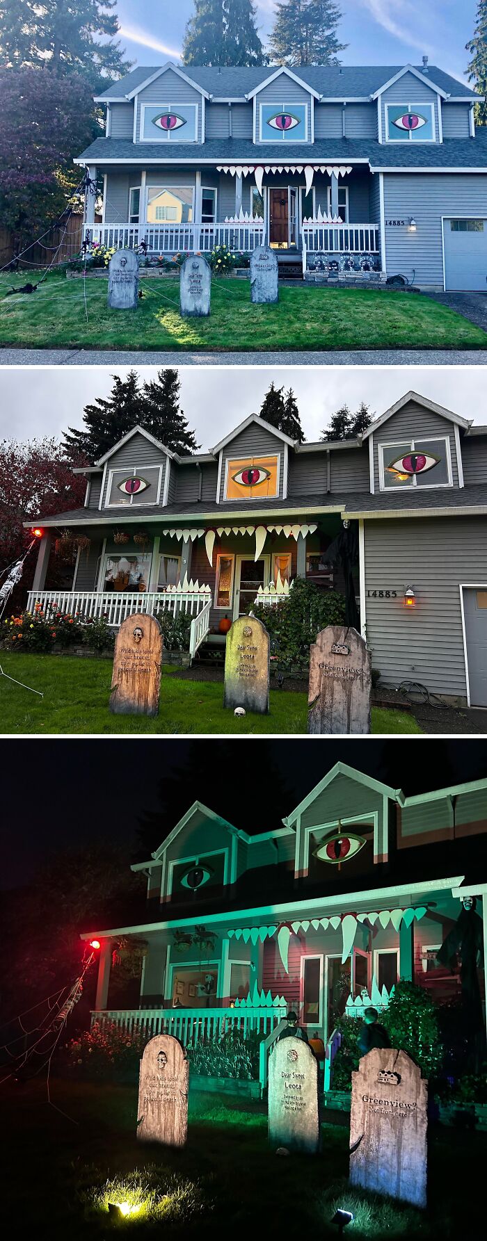 House with outdoor Halloween decorations featuring large eyes on windows, fangs on porch, and tombstones in the yard.