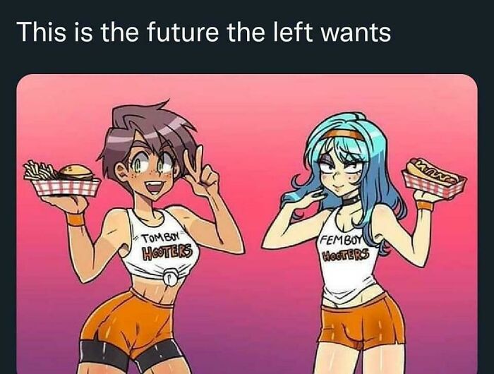 Anime-style characters dressed as Hooters waitstaff with text suggesting a controversial meme about political views.