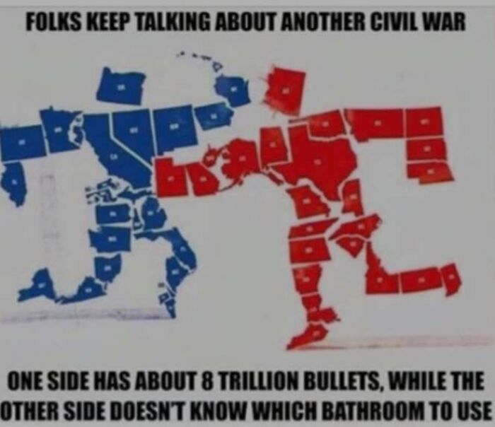 Map of the US in red and blue shaped like fighting figures in a meme about civil war and cultural division shared online.