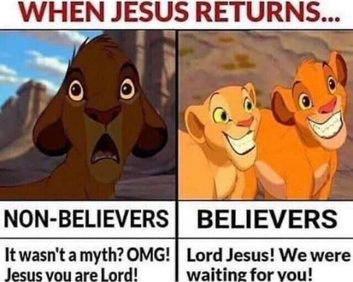 Meme comparing reactions of non-believers and believers when Jesus returns, highlighting personality through shared memes.
