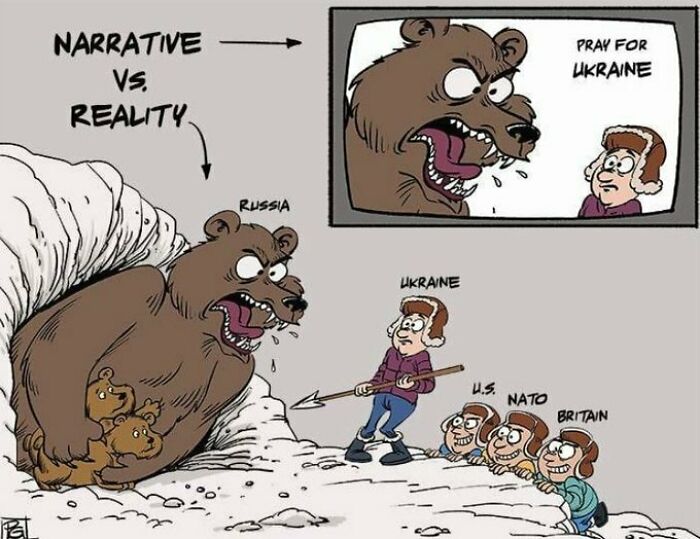 Cartoon meme depicting narrative vs reality with Russia as a bear and Ukraine, U.S., NATO, Britain resisting.