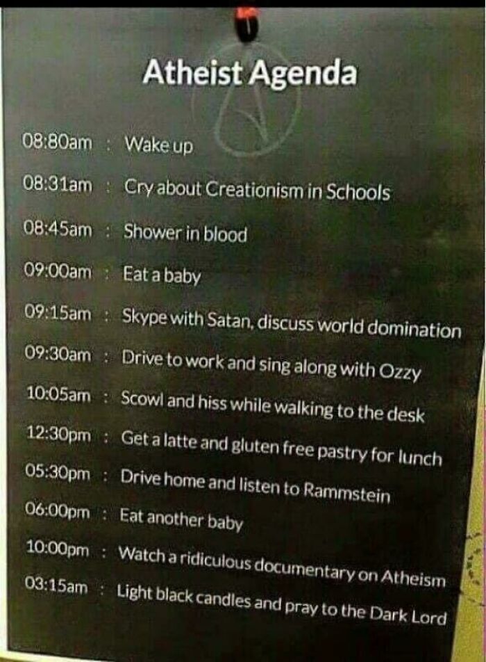 Humorous meme listing a fictional atheist agenda to illustrate memes people share and their personality traits.