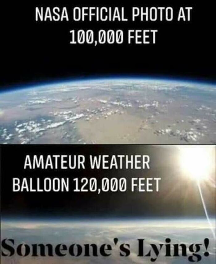 Comparison meme showing NASA and amateur weather balloon photos from high altitude, illustrating the impact of memes people share.